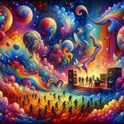 The primary subject of the image is a group of people playing music in a colorful, surreal setting. The setting includes a stage with speakers, and the background features a vibrant, rainbow-colored sky. The visual style of the image is a combination of digital art and illustration, creating a unique and captivating atmosphere. The colors and mood of the image are predominantly bright and lively, with a sense of creativity and imagination.